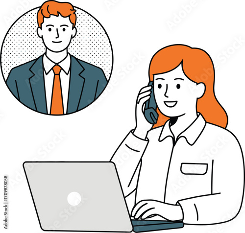 Professional businesswoman happily connects with colleague during remote work on laptop and phone