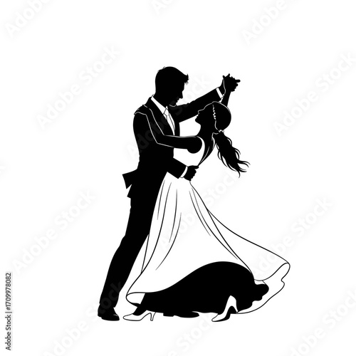Elegant wedding couple dancing silhouette isolated on white background