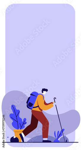 Man hiking with a backpack and walking stick, enjoying an outdoor adventure. Ideal for travel, healthy lifestyle, and exploration concepts.