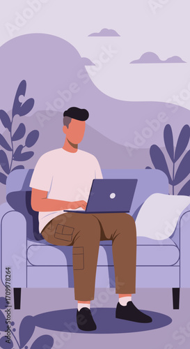 Person sitting comfortably at home, multitasking with laptop and smartphone. Represents remote work, online learning, and digital lifestyle.