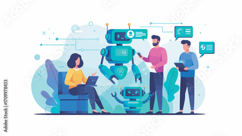 People collaborate with robots in modern office, showcasing teamwork and technological advancement in a bright and innovative environment.