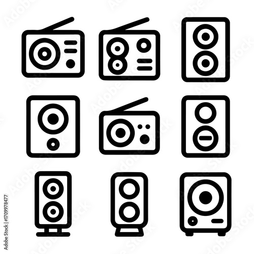 Nine Bold Outline Icons of Retro Radios and Speakers.