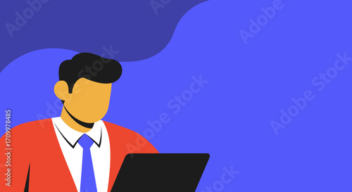 Professional illustration of a man working diligently on a laptop. Ideal for business, technology, online education, or remote work concepts.