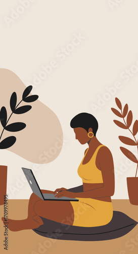 A focused woman works remotely on her laptop in a comfortable, minimalist home setting. Represents modern freelancing, online learning, and digital lifestyle.