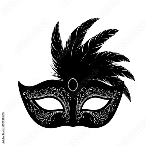 Black venetian masquerade mask with feathers silhouette isolated on white background