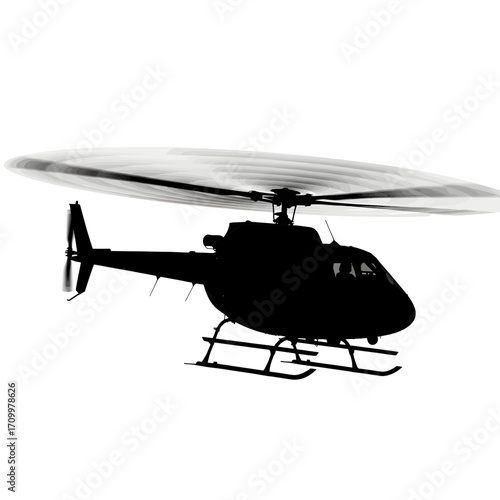 Black silhouette of a helicopter in flight isolated on white background