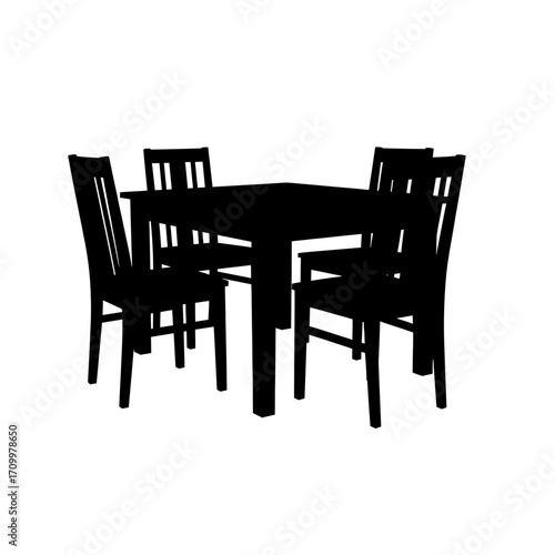Dining table and four chairs silhouette isolated on white background