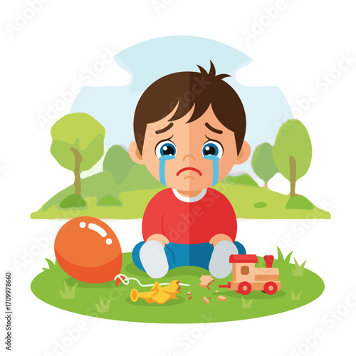 Sad boy with broken toys