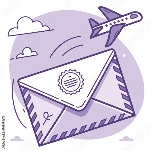 Vector illustration of an envelope with a letter and a flying airplane symbolizing travel and a message sent around the world
