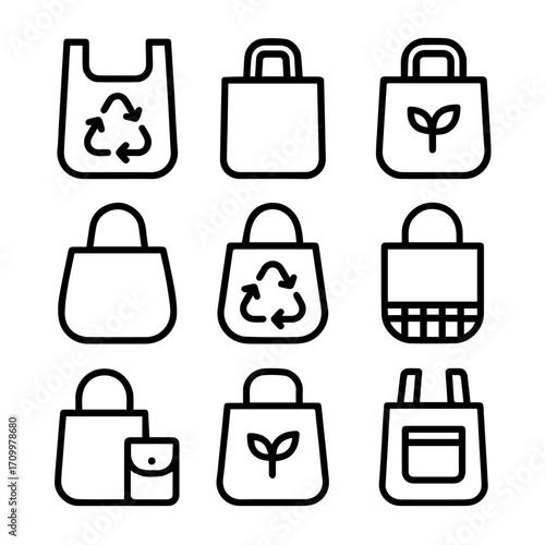 Nine Diverse Bag Icon Designs Reusable Recycled and EcoFriendly Options.