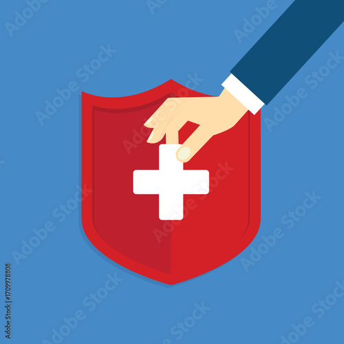Medical healthcare insurance. Red shield on patient protection policy and pen. Medicine symbol. Vector illustration