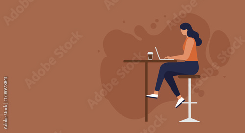 Woman working on laptop at a cafe table with coffee. Represents remote work, freelancing, and digital nomad lifestyle, focused on productivity and connectivity.