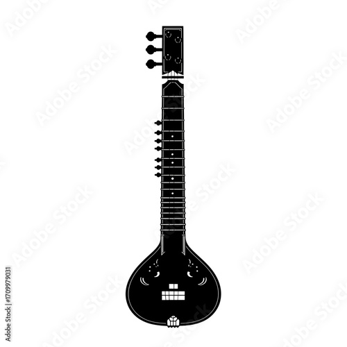 Indian sitar musical instrument silhouette isolated on white background