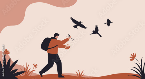 Backpacker connecting with nature, releasing a bird in a vibrant outdoor landscape. Ideal for travel, eco-tourism, or environmental concepts.
