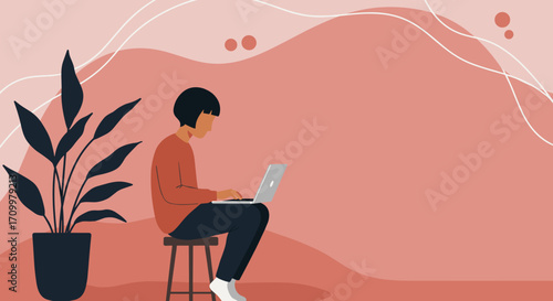Senior Black man comfortably using laptop on a cushion in a modern, calm setting. Ideal for remote work, learning, or digital lifestyle concepts.
