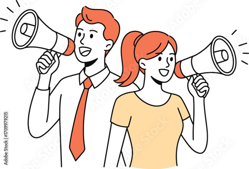 Dynamic duo announcing exciting news with megaphones, spreading awareness for impactful campaigns