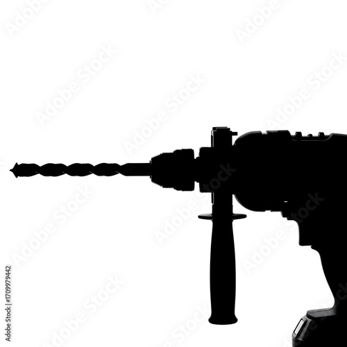 Close up silhouette of a power drill with a bit isolated on white background