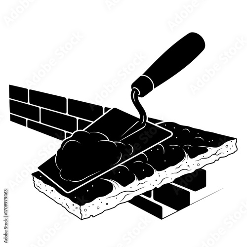 Trowel spreading mortar on bricks silhouette isolated on white background