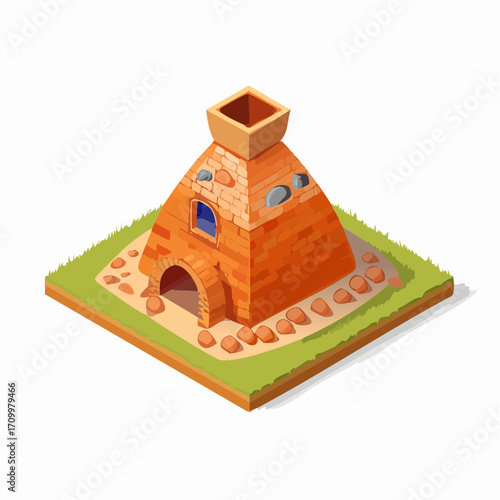 Ancient brick kiln structure with stone accents and grassy terrain, isometric view, historical industry icon