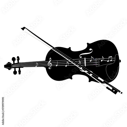 Violin and bow silhouette with musical notes isolated on white background