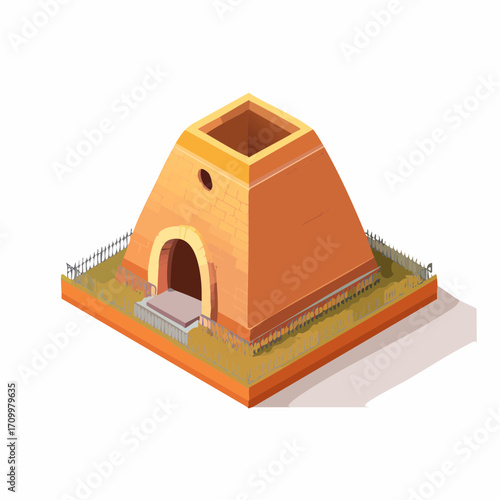 Ancient kiln structure with arched entrance and open top set in isometric view.