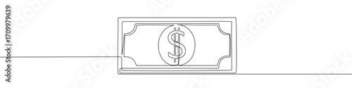 Dollar bill with a dollar sign in one line art style. Dollar bill drawing with editable black stroke on white background. Vector illustration.