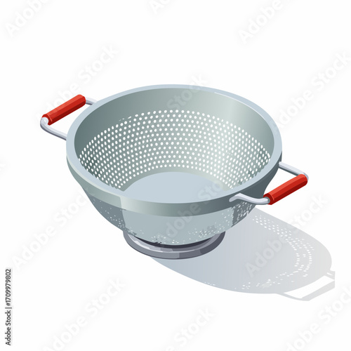 Shiny metallic colander with bright red handles, essential kitchen tool for draining pasta and washing produce