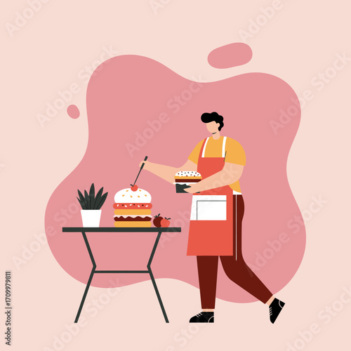 A man in an apron meticulously prepares a vibrant layered dessert or burger, embodying culinary artistry and home cooking. Perfect for food, restaurant, or lifestyle concepts.