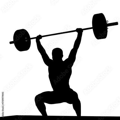 Weightlifter performing a clean and jerk silhouette isolated on white background