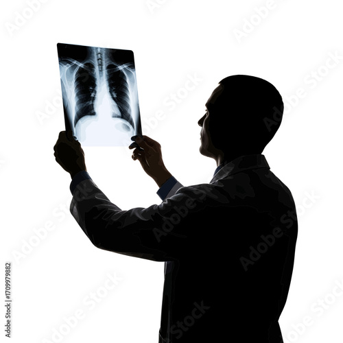 Doctor examining chest x ray silhouette isolated on white background
