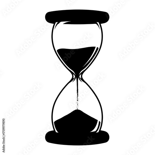 Black hourglass silhouette with sand falling isolated on white background