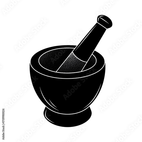 Black mortar and pestle silhouette isolated on white background