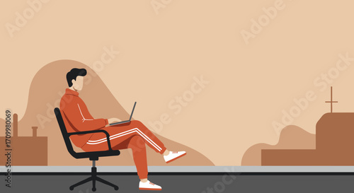 Modern illustration of a man hiking with a backpack and trekking pole, using his smartphone in a serene outdoor setting. Perfect for travel, adventure, or digital lifestyle content.