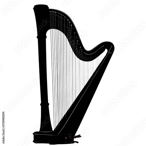 Black harp silhouette isolated on white background