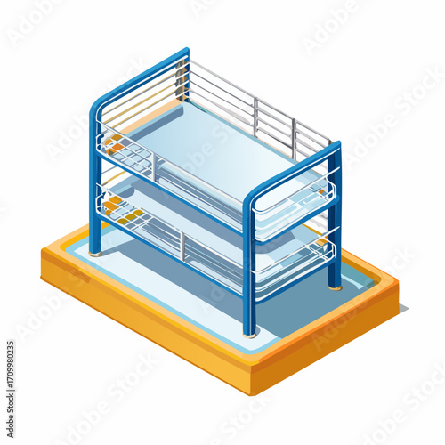 Modern blue bunk bed with mattress, ideal for small spaces, dorms, or travel trailers.