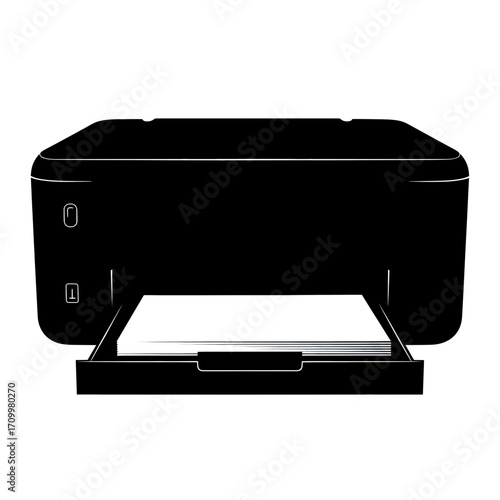 Black silhouette of a printer with paper in the tray isolated on white background silhouette