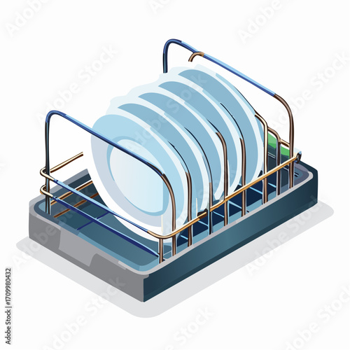 Neatly stacked clean plates drying in a modern chrome dish rack ready for use