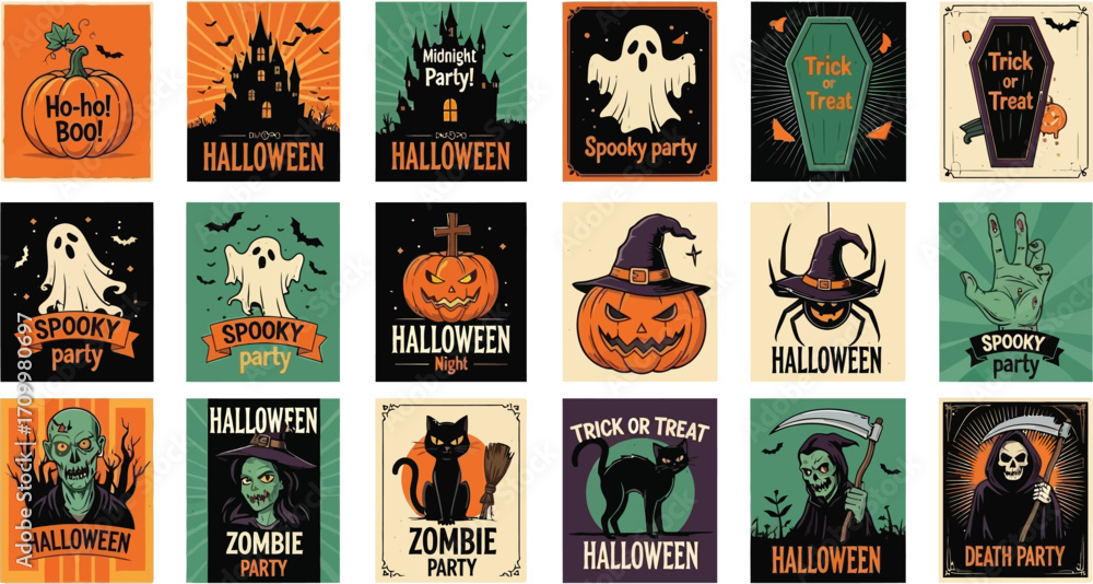 Fototapeta premium Festive Halloween illustrations featuring pumpkins, ghosts, witches, and spooky creatures for holiday celebrations.