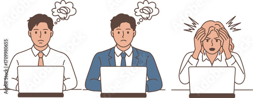 Stressed employees struggling with deadlines and complex tasks at their laptops