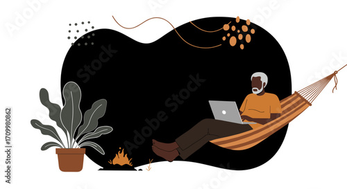 Senior man working remotely on a laptop in a hammock, enjoying leisure and productivity outdoors near a campfire. Perfect for digital nomad, remote work, or relaxed lifestyle concepts.