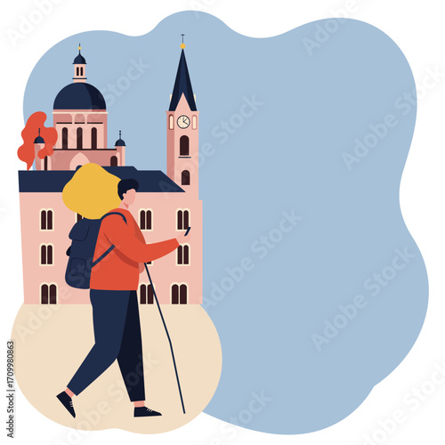 A lone traveler with a backpack and walking stick explores a historic city, using a smartphone for navigation. Represents urban exploration and adventure.