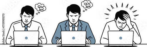 Frustrated businessmen struggling with complex problems and deadlines at their laptops, feeling overwhelmed