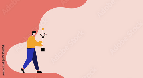 A determined man carries a conceptual staff, representing goal-setting, strategy, and progress on a journey toward achievement. Ideal for business and innovation concepts.