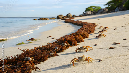 Many crabs scurry along a beach beside seaweed ocean