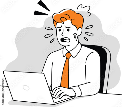 Stressed businessman in office panics over urgent deadline working late on laptop computer