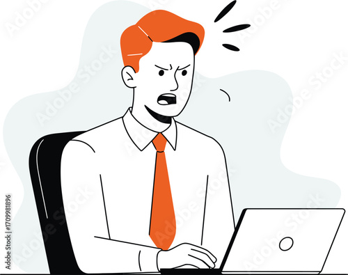 Frustrated businessman yelling at laptop screen experiencing online crisis or technical failure