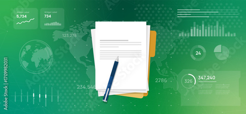 High tech background with world map background featuring a stack of paper and a pen represents transition from traditional to digital document management reporting