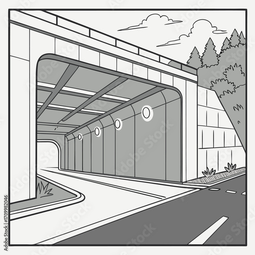 Vector illustration of a city street with a train on a railway bridge