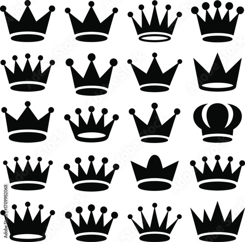 Crown silhouette icon set with royal, vintage, modern, and ornamental styles in black vector design for regal themes