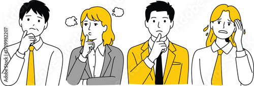 Confused business team pondering difficult decisions, seeking solutions in modern corporate environment